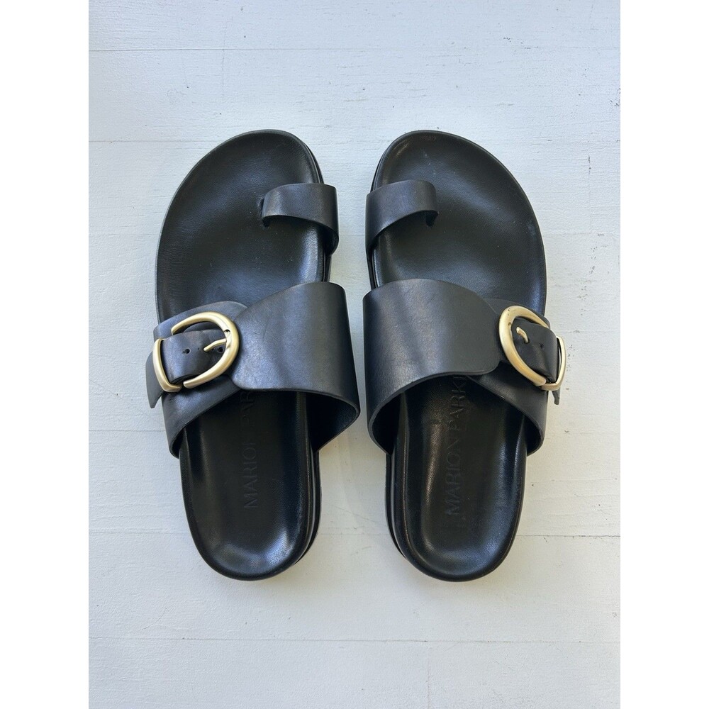 $495 Marion Parke Women's Black Cyrus Buckle Flat Slide Size 36